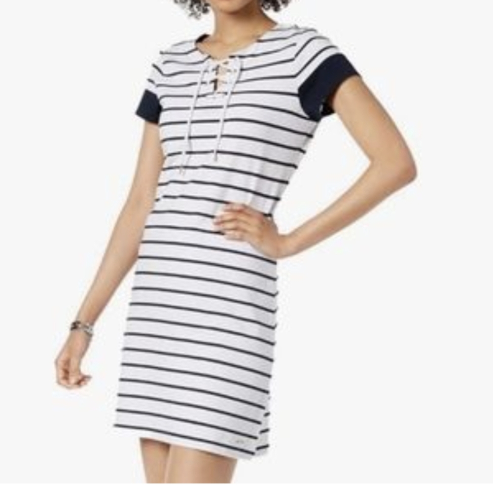 Tommy Hilfiger Striped Lace Up Dress Sky Captain Optic new without tags